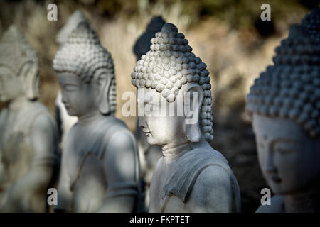 Buddha statues made out of cement in lotus position meditating Stock Photo