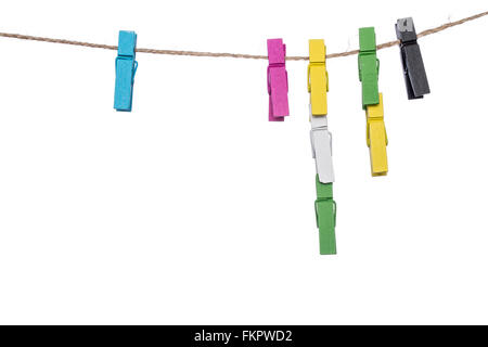 colorful clothespins on a clothesline , clamp link peg housework hanging Stock Photo