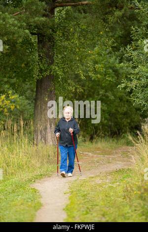 An elderly woman is engaged in Nordic walking in the nature. Stock Photo