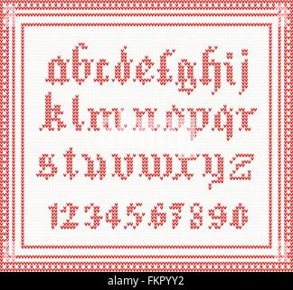 Christmas Font: knitted gothic alphabet in red color. Christmas concept for banner, placard, billboard or web site Stock Vector