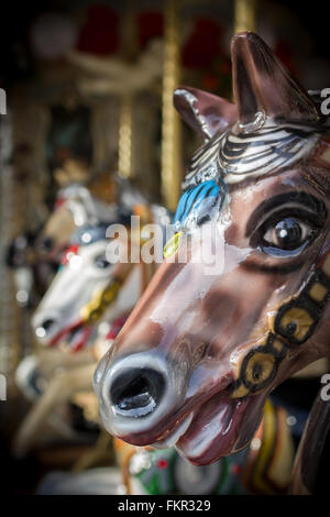 Extreme close-up of a toy horse on an old carousel. Stock Photo