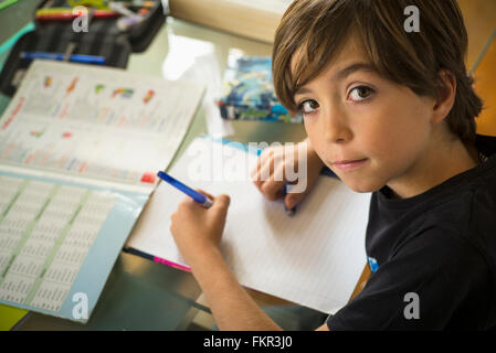 Caucasian boy doing homework Stock Photo