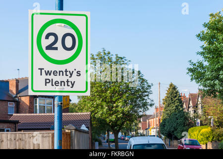 Twenty's Plenty. 20 mph speed limit sign in a residential area of Nottinghamshire, England, UK Stock Photo