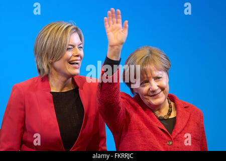 Bad Bad Neuenahr, Germany. 9th Mar, 2016. German Chancellor Angela Merkel (CDU, r) and the CDU's top candidate for the regional elections in Rhineland-Palatinate, Julia Kloeckner, smile during the CDU's election campaign rally in Bad Bad Neuenahr, Germany, 9 March 2016. Photo: Thomas Frey /dpa/Alamy Live News Stock Photo