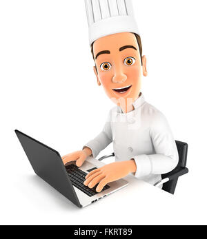 3d head chef working on laptop, isolated white background Stock Photo