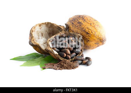 Cocoa pod, Cocoa beans, cocoa powder  on a white background. Stock Photo