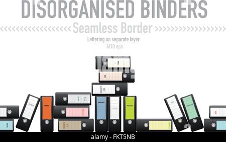 Seamless border of disorganized black binders with a variety of labels. Lettering on separate layer. Stock Vector