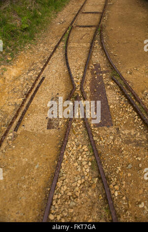 High angle view of train tracks in sand Stock Photo