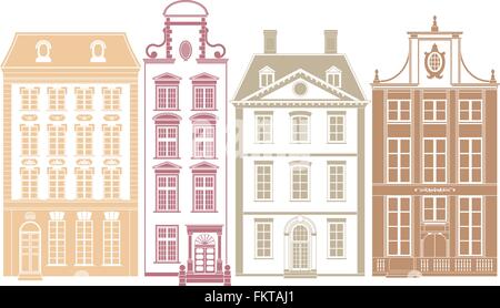 Row of four town houses in 19th century styles Stock Vector