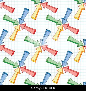 Vector seamless pattern of multi-colored volume arrows on checkered paper Stock Vector