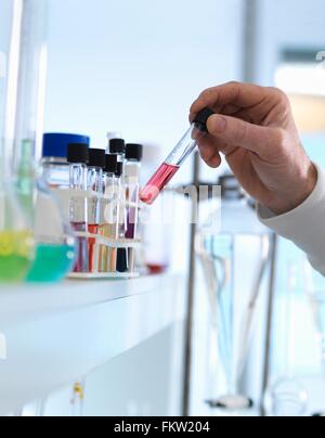 Chemist preparing chemical formula for testing in laboratory Stock Photo