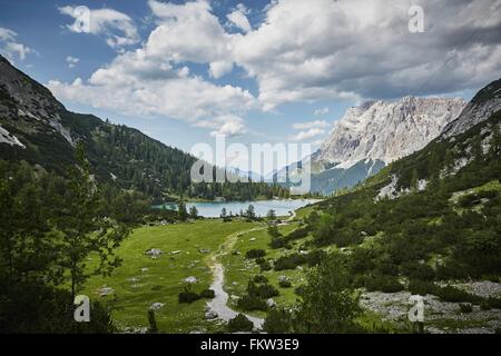 Elevated view of Seebensee lake and Zugspitze mountain, Ehrwald, Tyrol, Austria Stock Photo
