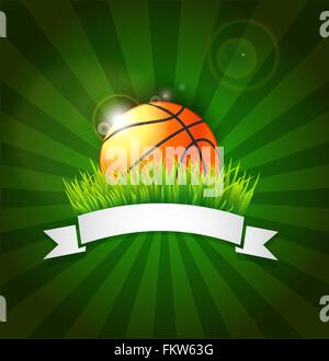 Basketball ball on field grass with white ribbon and lights effect Stock Vector