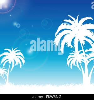 Summer scene with palm beach silhouettes and blue sky background Stock Vector