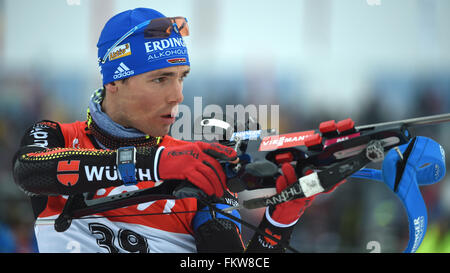 Oslo, Norway. 10th Mar, 2016. Germany's Simon Schempp at the shooting range before the Men 20km Individual competition at the Biathlon World Championships, in the Holmenkollen Ski Arena, Oslo, Norway, 10 March 2016. Credit:  dpa picture alliance/Alamy Live News Stock Photo