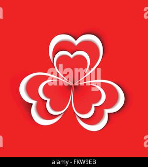 Conceptual flower shape made from paper hearts shape on red background Stock Vector