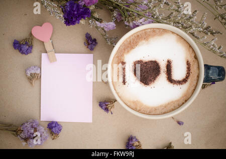 hot coffee with foam milk art I LOVE U pattern Stock Photo