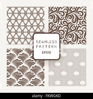 Set of four vector seamless patterns with plants and geometric figures Stock Vector