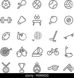 Set of 25 black sports related line icons Stock Vector