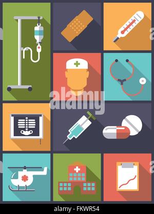 Vertical flat design illustration with various medical and health care related icons Stock Vector