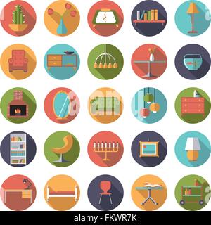 Set of 25 interior, furniture and home decoration icons in circles, flat design, long shadow Stock Vector