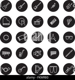 Collection of 25 musical instruments line icons in black circles Stock Vector