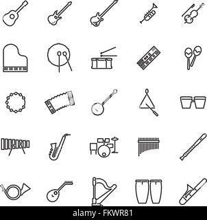 Collection of 25 black musical instruments line icons Stock Vector