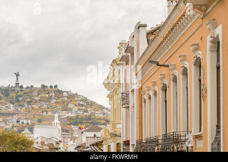 Low angle view of colonial classic style buildings at the historic center of Quito in Ecuador. Stock Photo