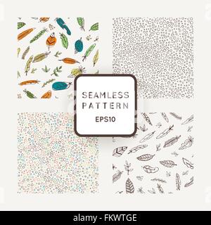Set of four vector abstract seamless patterns made of feathers hand-painted Stock Vector