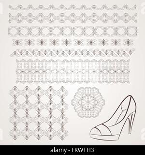 Set of vector filigree star, flowers, borders, frames and brushes of various women's shoes. Stock Vector