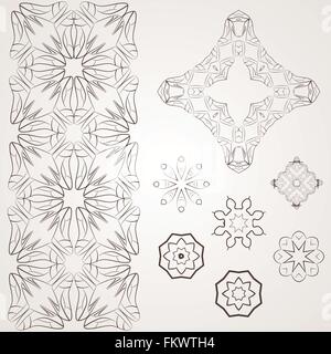 Set of vector filigree star, flowers, borders, frames and brushes of various women's shoes. Stock Vector