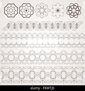 Set of vector filigree star, flowers, borders, frames and brushes of various women's shoes. Stock Vector