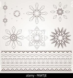 Set of vector filigree star, flowers, borders, frames and brushes of various women's shoes. Stock Vector