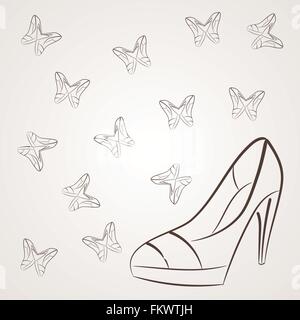Vector monochrome background with filigree butterflies of women's shoes with high heels. Stock Vector