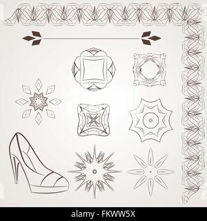 Set of vector filigree star, flowers, borders, frames and brushes of various women's shoes. Stock Vector