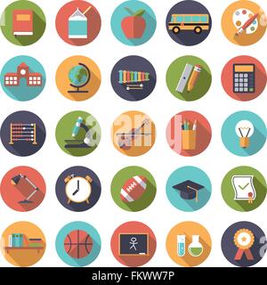 Set of 25 education, school, college and university related icons in circles, flat design, long shadow Stock Vector