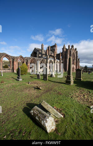 Town of Melrose, Scotland. The south elevation of the picturesque 12th century Melrose Abbey ruins. Stock Photo