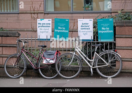 Posters supporting striking junior doctors outside the Bristol Royal Infirmary in Bristol, England on 10 March 2016. Stock Photo