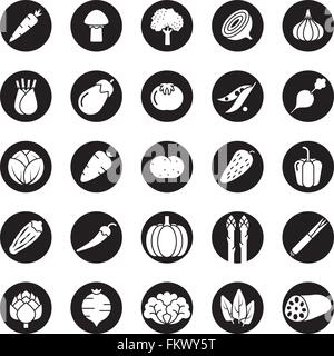 Collection of vegetable icons, negative in black circles Stock Vector