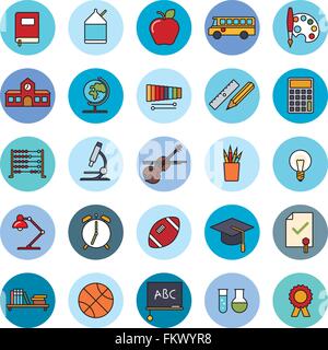 Collection of 25 education, school, college and university related filled line icons in blue circles Stock Vector