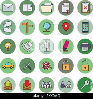 Collection of 25 business and office related filled line icons in circles, part 2 Stock Vector