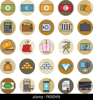 Collection of money, finance and banking related line icons with color fill in circles Stock Vector