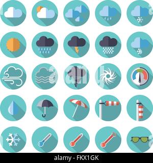 Collection of weather and climate related flat design icons in turquoise circles Stock Vector