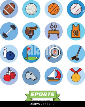 Collection of sports filled line icons in blue circles, part 1 Stock Vector