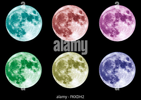 Six different colors collage of the full Moon is seen isolated on a black background. High contrast, high resolution image taken Stock Photo