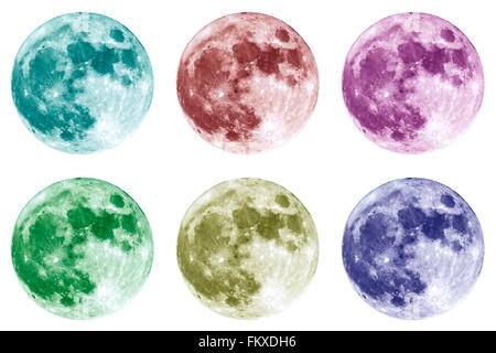 Six different colors collage of the full Moon is seen isolated on a white background. High contrast, high resolution image taken Stock Photo