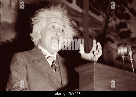 Albert Einstein, theoretical physicist who developed the theory of relativity, speaking c1940. Stock Photo