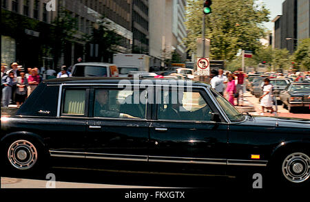 Washington, DC., USA, 31th May,1990 Russian President Mikhail Sergeyevich Gorbahev waves from the window of his Zil limousine as he rides back and forth from the Russian Embassy building on 16th street to the White House for summit meetings with President George H.W. Bush.  Credit: Mark Reinstein Stock Photo