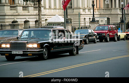 Washington, DC., USA, 31th May, 1990 Russian President Mikhail Sergeyevich Gorbahev waves from the window of his Zil limousine as he rides back and forth from the Russian Embassy building on 16th street to the White House for summit meetings with President George H.W. Bush.  Credit: Mark Reinstein Stock Photo