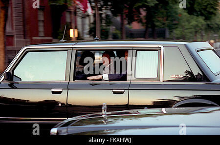 Washington, DC., USA, 31th May, 1990 Russian President Mikhail Sergeyevich Gorbahev waves from the window of his Zil limousine as he rides back and forth from the Russian Embassy building on 16th street to the White House for summit meetings with President George H.W. Bush.  Credit: Mark Reinstein Stock Photo